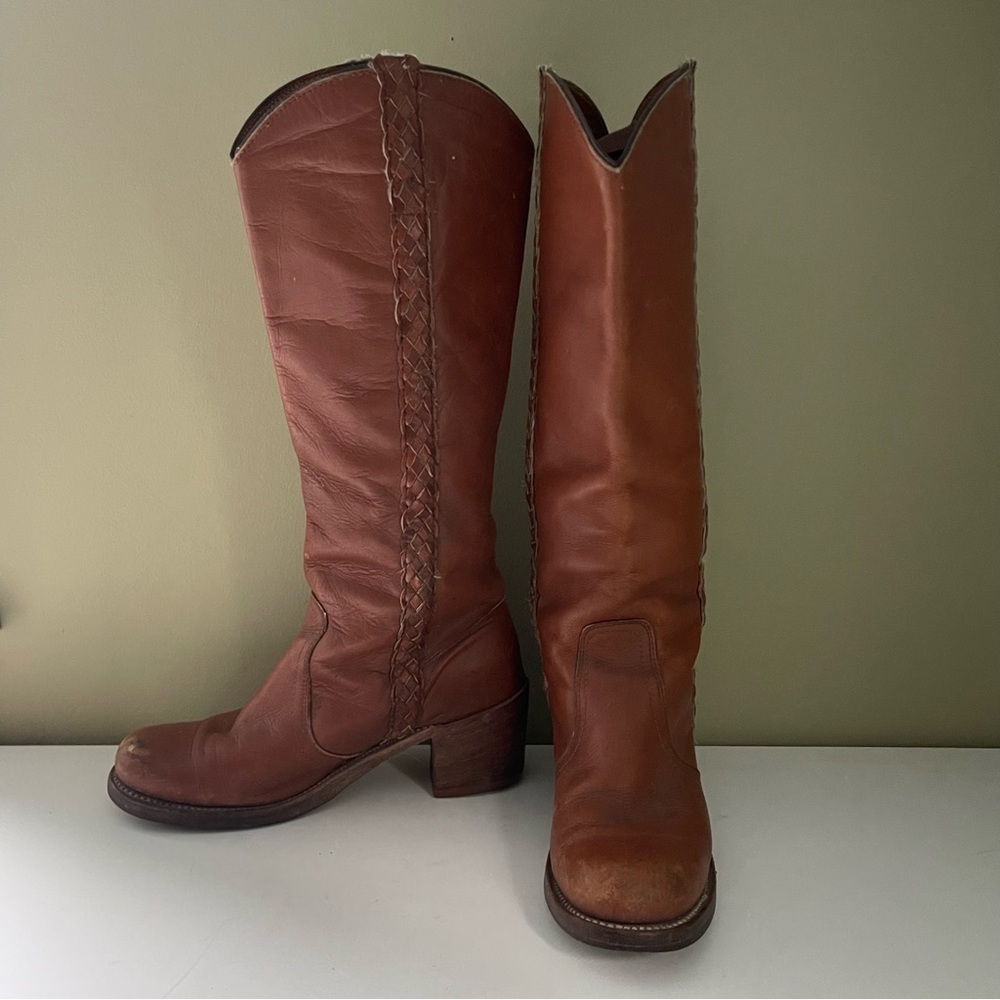 80s Vintage Frye Campus Style Acorn Brown Leather Braided Riding Boots